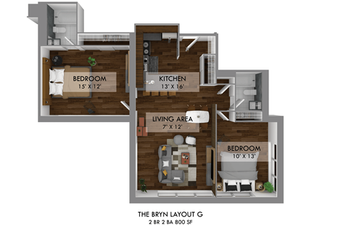 Floor plan for 2 beds, 2 baths, 800 sqft